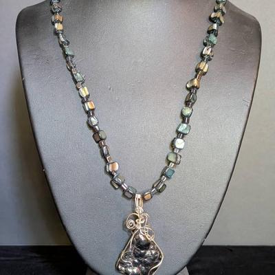 “Iridescent Twilight” Necklace with Silver-Wrapped Hematite Pendant