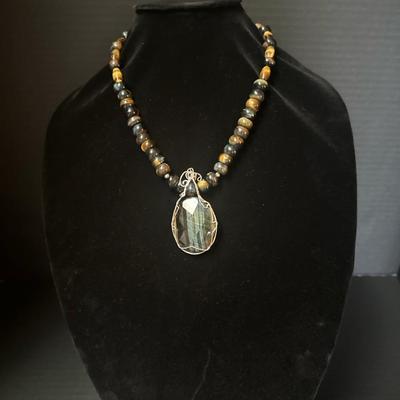 Hawk’s Eye Pendant Necklace with Faceted Cabochon and Beaded Strand