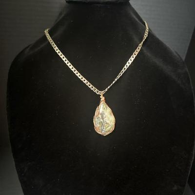 Multi-Colored Jasper Teardrop Pendant with Copper Wire Wrap and Brass Chain