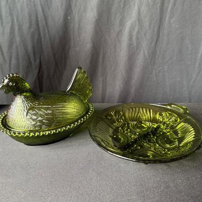 Vintage Green Indiana Glass Hen on Nest Plus