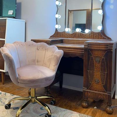 Art Deco Waterfall Walnut Vanity Table With Mirror, Lights And Modern Chair 