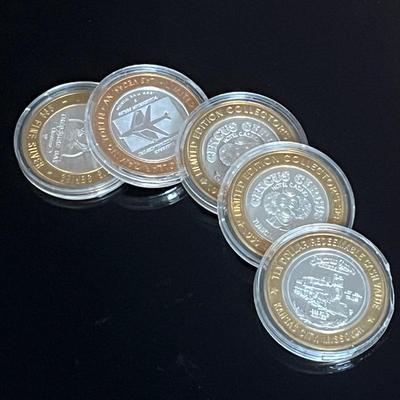 .999 Fine Silver Center and Brass Gambling Tokens (5)