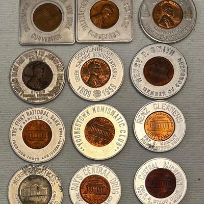 12 - Vintage Advertising Encased Pennies And One Nickel, #2