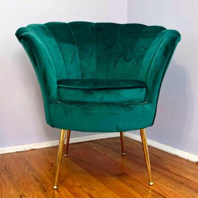 Green Velvet Upholstered Scalloped Back Armchair 