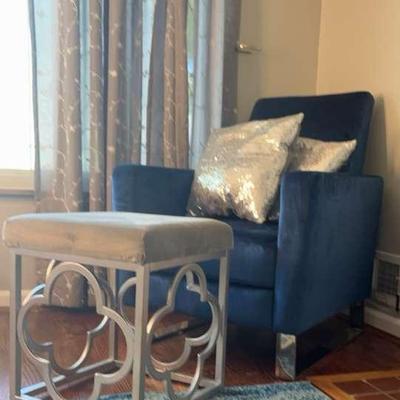Modern Faux Suede Chair And Ottoman With Silver Sequin Accent Pillows