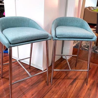 Pair Of Contemporary Chrome Upholstered Counter Stools
