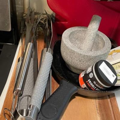 Iron Skillet With Grilling Tools, Mortar And Pestal And Cutting Boards