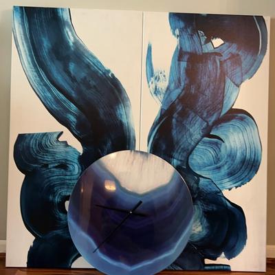 Two Large Abstract Giclee Prints With Wall Clock 
