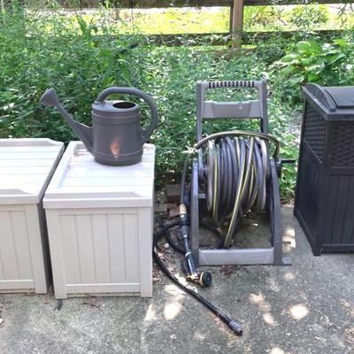Outdoor Lidded Storage Boxes With Hose And Reel And Resin Trash Bin
