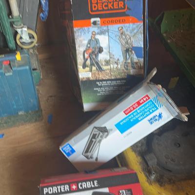 Black & Decker VacPack, Porter Cable Sander, and Blue Hawk Tile Cutter