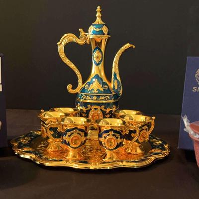 Gold-Toned Saki Set and Two Teacups from Siline
