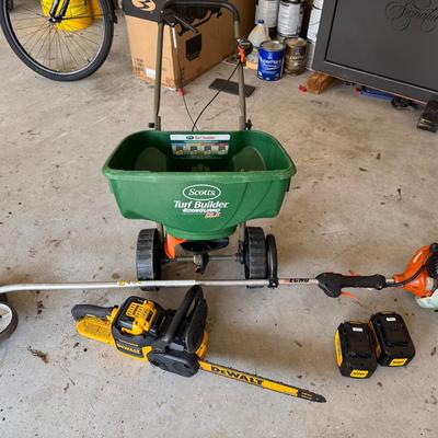 DeWalt Chainsaw, Echo Edger, and Scott’s Turf Builder Spreader