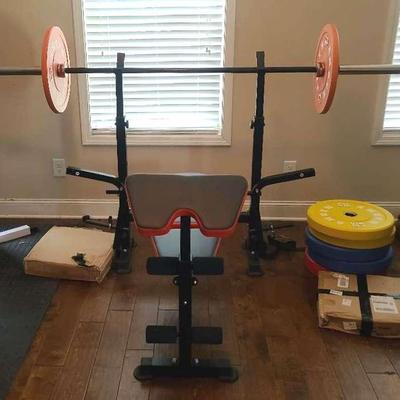 Oppsdecor Adjustable Weight Bench with Rack, Barbell & AMGYM Plates