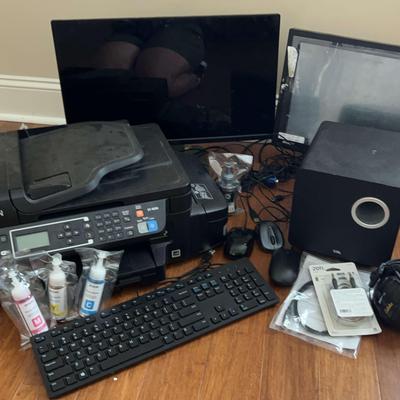 Dell 24” Monitor, Epson Printer, Speakers, and Other Office Supplies