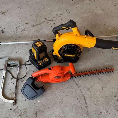 EGO Edger, DeWalt XR Blower with Charger, and Black & Decker Hedge Trimmer