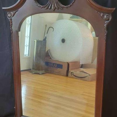 Ornate Shell-Top Wall Mirror In Carved Wood Frame – 46" Tall