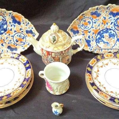 Imari-Style Asian Platters & Plates With Sherlock Holmes Teapot And Delft Miniature