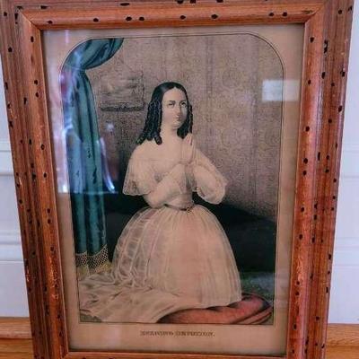 Antique “Evening Devotion” Print In Rare Wormwood Frame – Circa 1840s