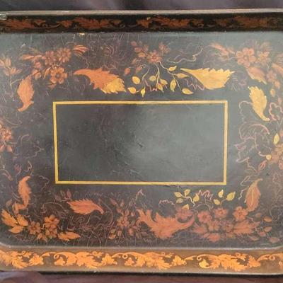 1930s Hand-Painted Toleware Tray – Floral & Leaf Motif, 12" × 16"