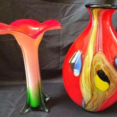 Murano Glass Abstract Art Vase With Red Tulip Fluted Vase