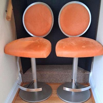 Pair Of Modern Orange Fabric Bar Stools With Metal Bases