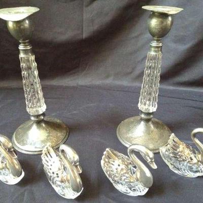 Set Of Four Silver-Plated Glass Swan Salt Cellars With Elegant Candle Holders