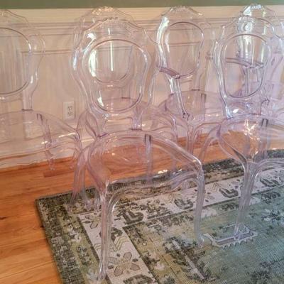 Set Of Six Clear Resin Ghost-Style Dining Chairs Including Two Armchairs