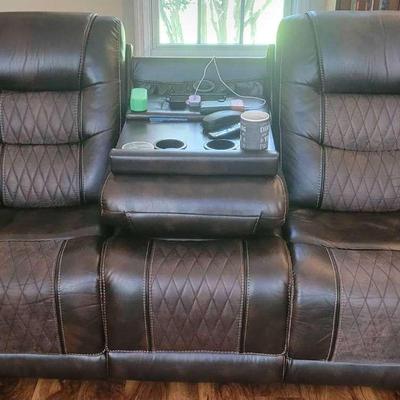 Three-Seater Brown Faux Leather Reclining Sofa With Fold-Down Console