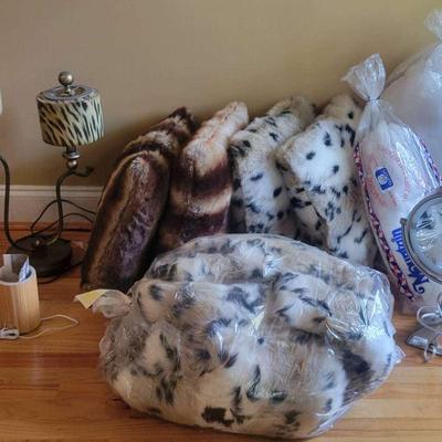 Animal Print Faux Fur Throw Pillows With Pair Of Zebra Lamps And Small Appliances