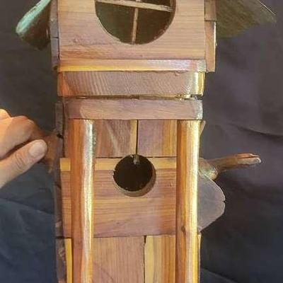 Handcrafted Rustic Wooden Birdhouse With Metal Roof – 25" Tall