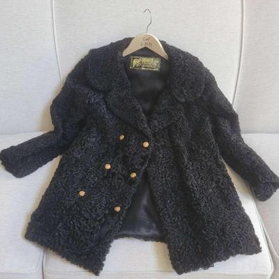 Vintage Donnybrook Black Curly Faux Fur Coat With Gold Buttons