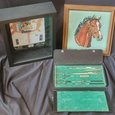 Needlepoint Horse Art, Shadow Box & Vintage Drafting Tools
