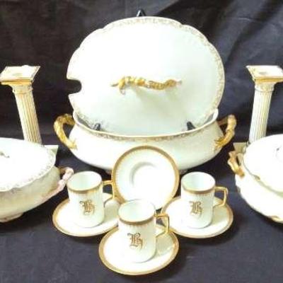 Limoges France Vintage Covered Serving Dishes With Monogrammed Cups & Greek Candlesticks