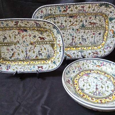 Williams-Sonoma Hand-Painted Portugal Platter With Matching Nature Scene Serving Bowls