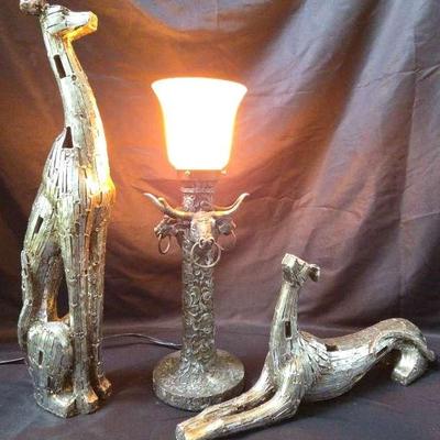 Tall Silver Greyhound Sculpture With Western Longhorn Bull Lamp