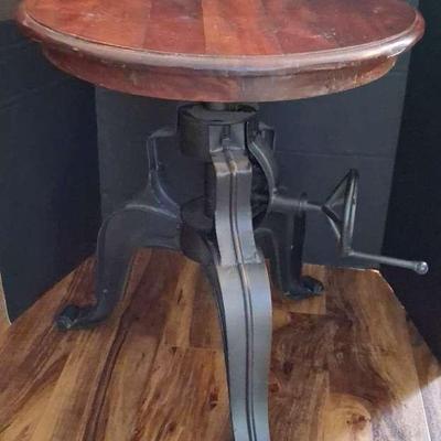 Industrial Cast Iron Adjustable Table With Wooden Top
