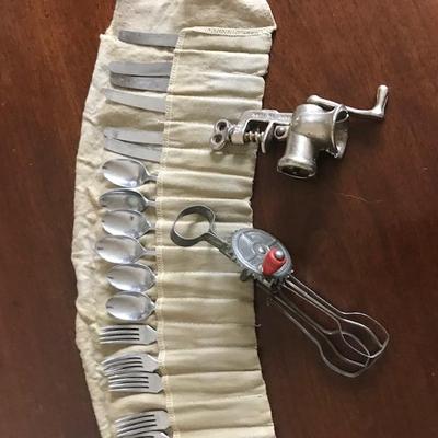 Doll kitchen flatware, hand mixer and meat grinder