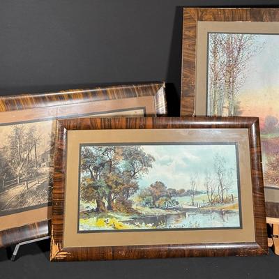 Three Vintage Framed Prints with "Tiger Wood" Finish Frames!