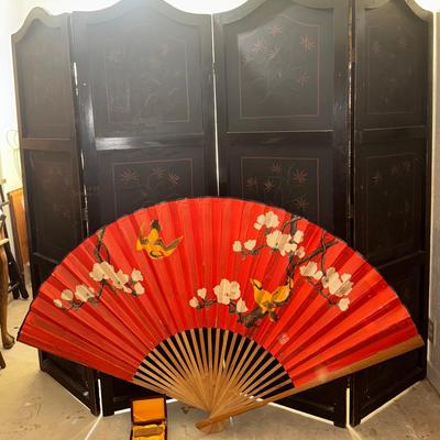 Exquisite Collection of Oriental Decor: Large Room Divider, Hand-Painted Fan, and Calligraphy Scroll