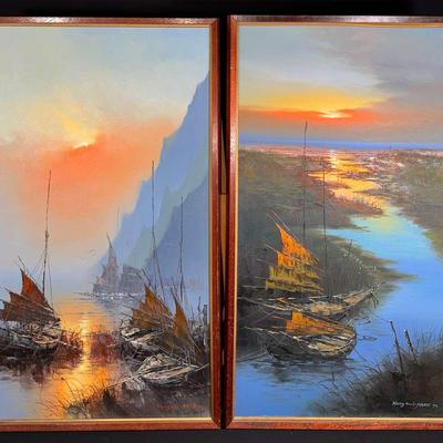 Stunning Pair of Vintage Original Seascape Oil Paintings by Hong Yul-Park (1979)