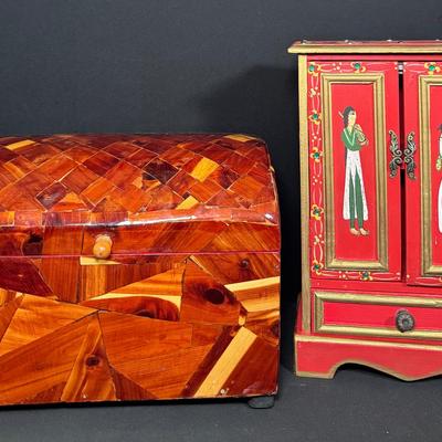 Lot Title: Pair of Handcrafted Global Treasures – Indian Boho Cabinet & Russian Folk Art Straw Box