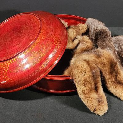 Vintage Mink Collar & Intricately Carved Chinese Red Lacquerware Dragon & Phoenix Container