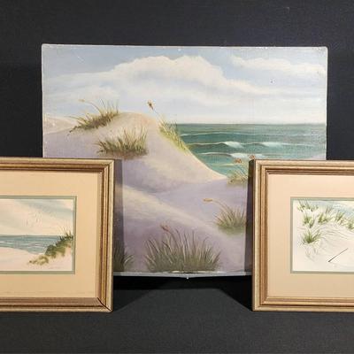 Coastal Art: Original Beach Scene Painting & Two Framed Buster Manley Watercolor Prints