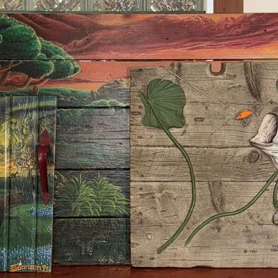 Rustic Painted Wood Art Trio – Texas Landscapes, Wildlife, & Fishing Scene – Hinged Panels & Wooden 