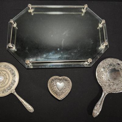 Elegant Silver-Plated Vanity Set with Mirrored Tray and Hand Mirrors including a Godinger!