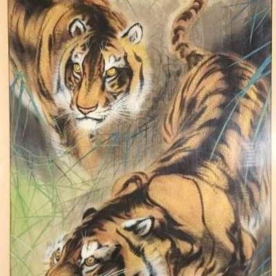 Striking Vintage Japanese Tiger Family Painting!