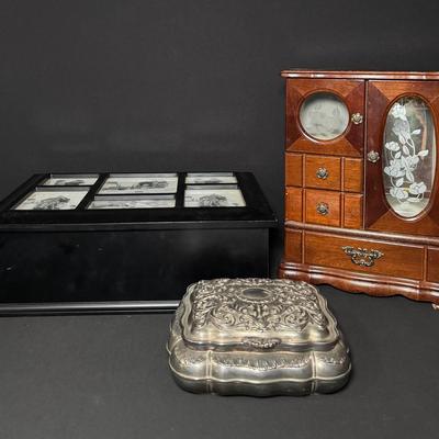 Trio of Vintage & Decorative Jewelry and Keepsake Boxes – Wood, Silver Plate & Photo Memory Box 