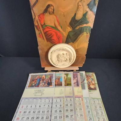 Unique Collection of Vintage Religious Art & Ephemera - Holy Family Plaque, Holy Trinity Print