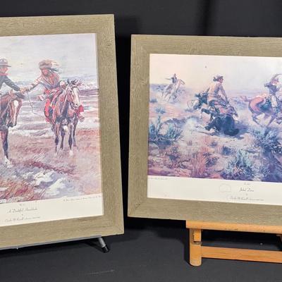 Two Framed Vintage Charles M. Russell Western Prints - "A Doubtful Handshake" & "Jerked Down" 