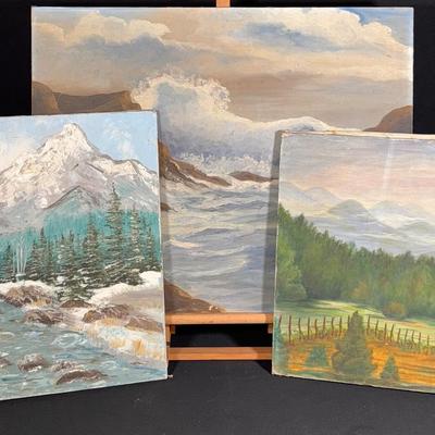 Three Unframed Original Landscape Paintings by Frost, Jean M and Foldine!  Ready for your personal touch!